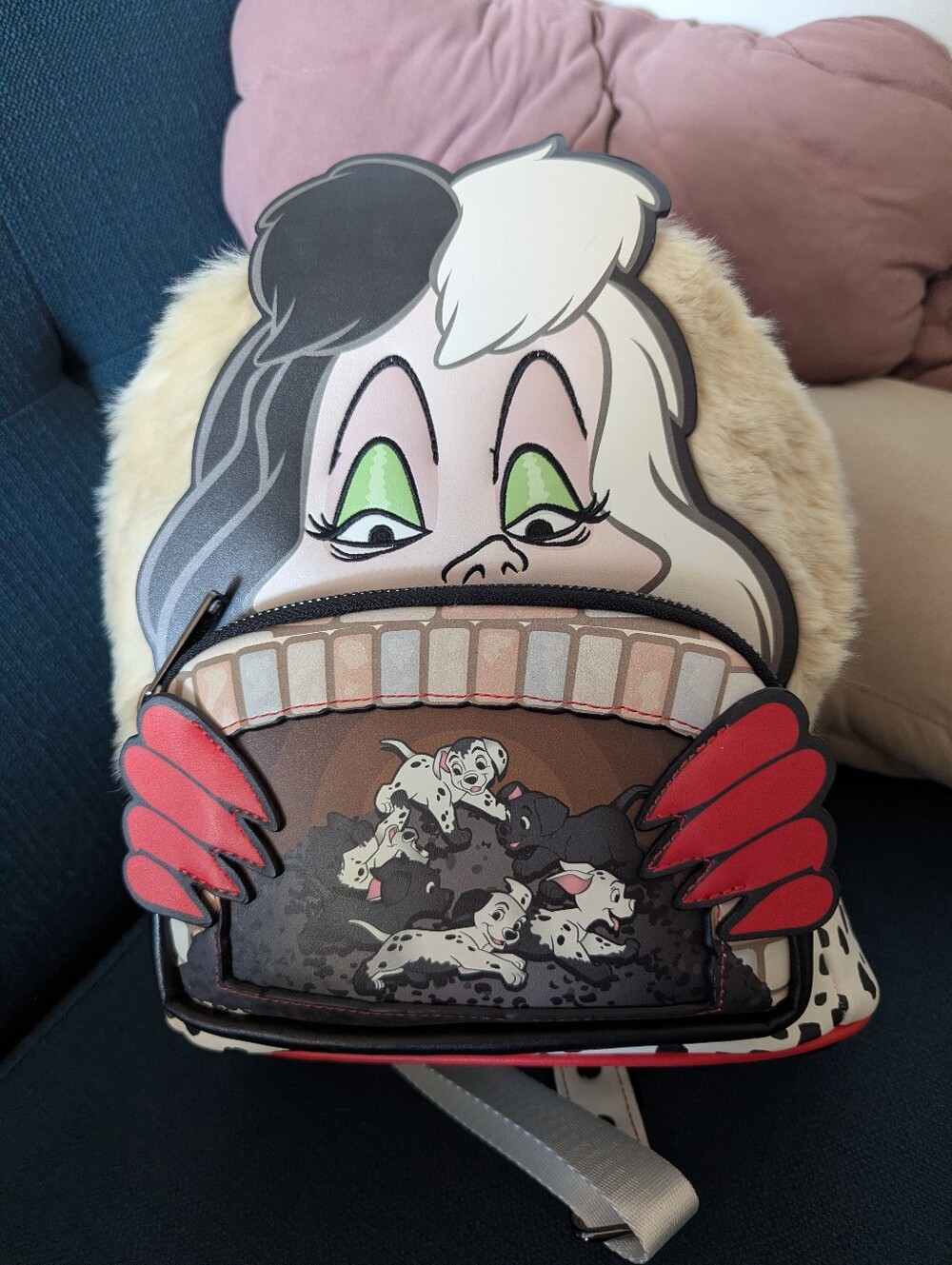 Disney Loungefly Cruella Faux Fur Mini Backpack - Black, White & Red